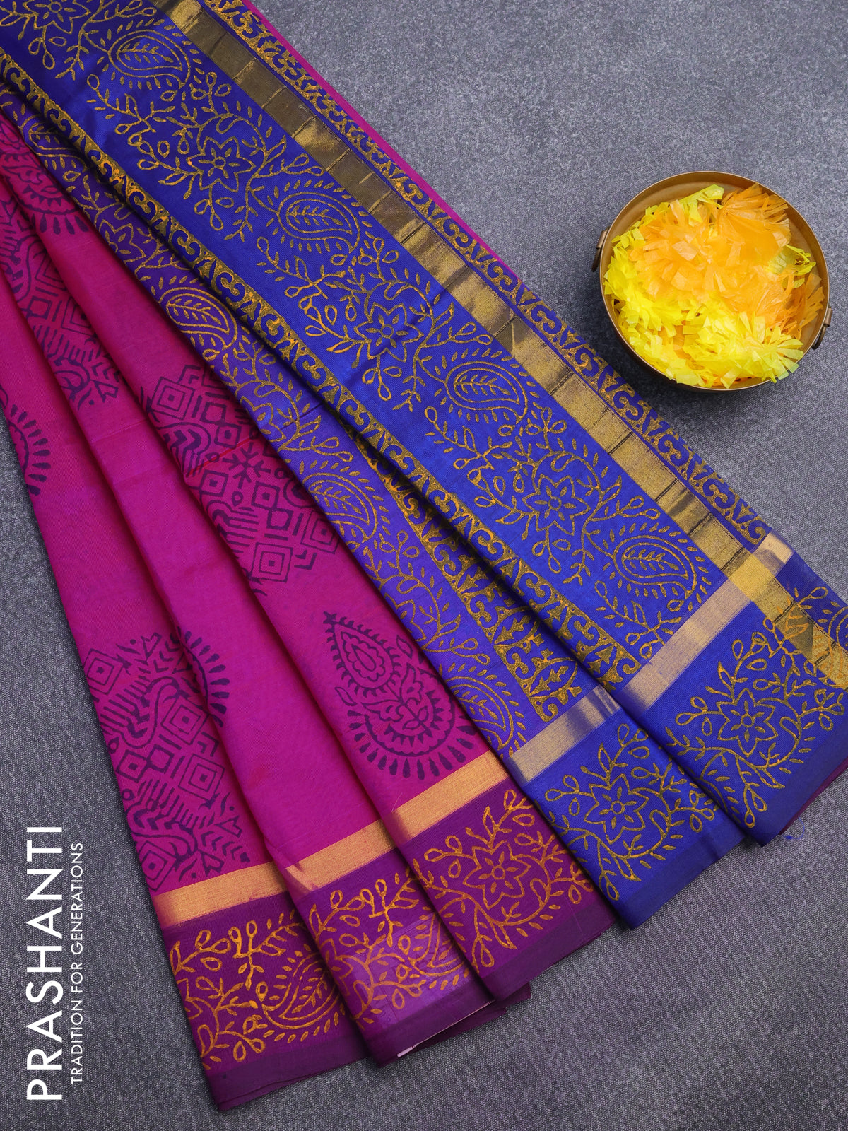 Silk cotton block printed saree pink and blue with butta prints and zari woven simple border