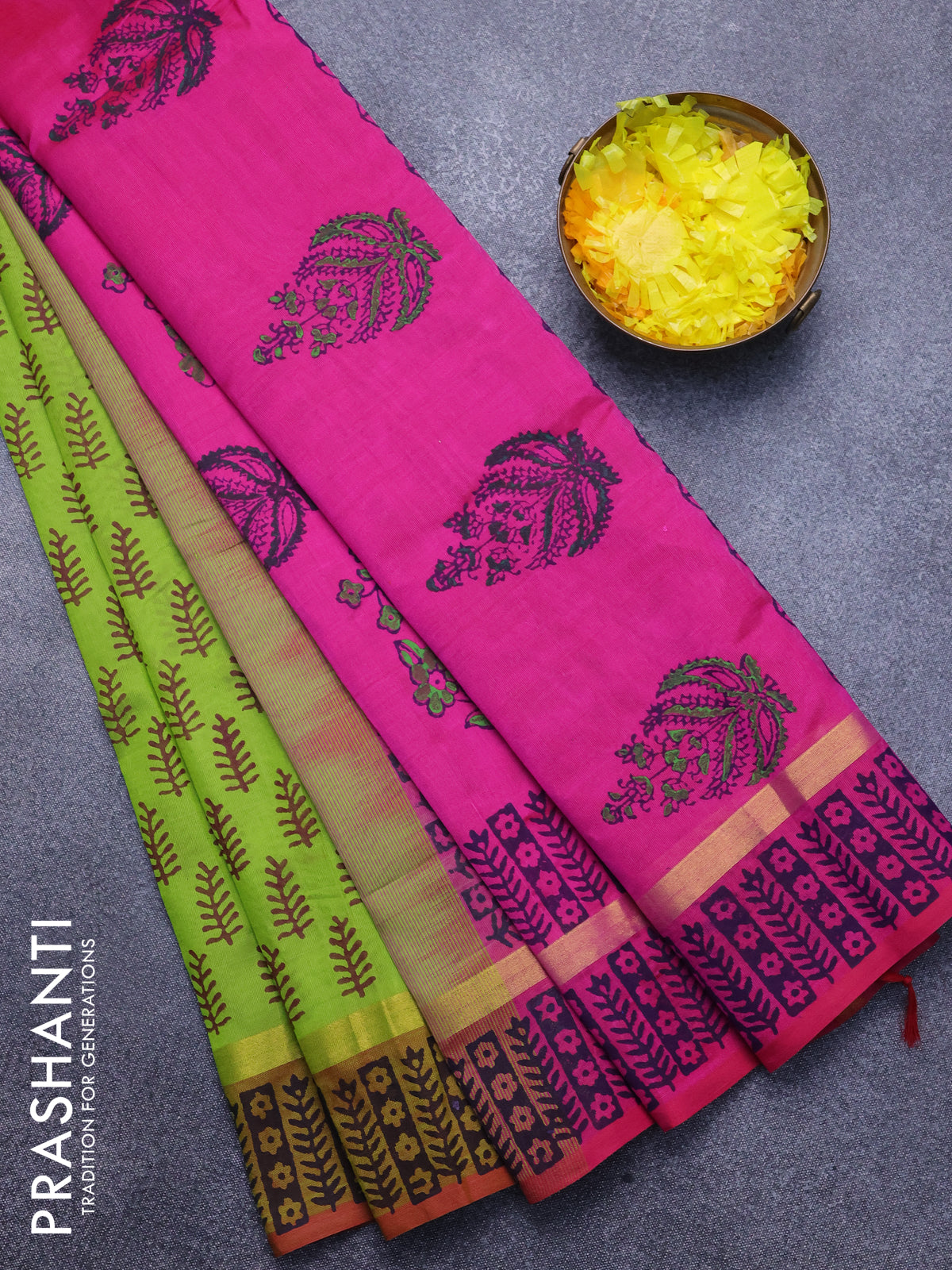 Silk cotton block printed saree light green and pink with allover butta prints and zari woven simple border