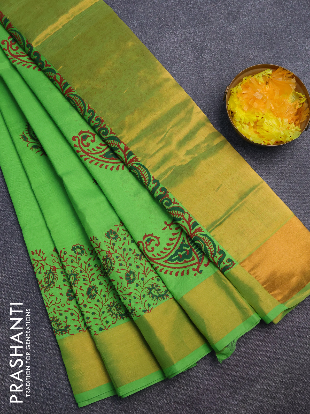 Silk cotton block printed saree green with butta prints and zari woven border