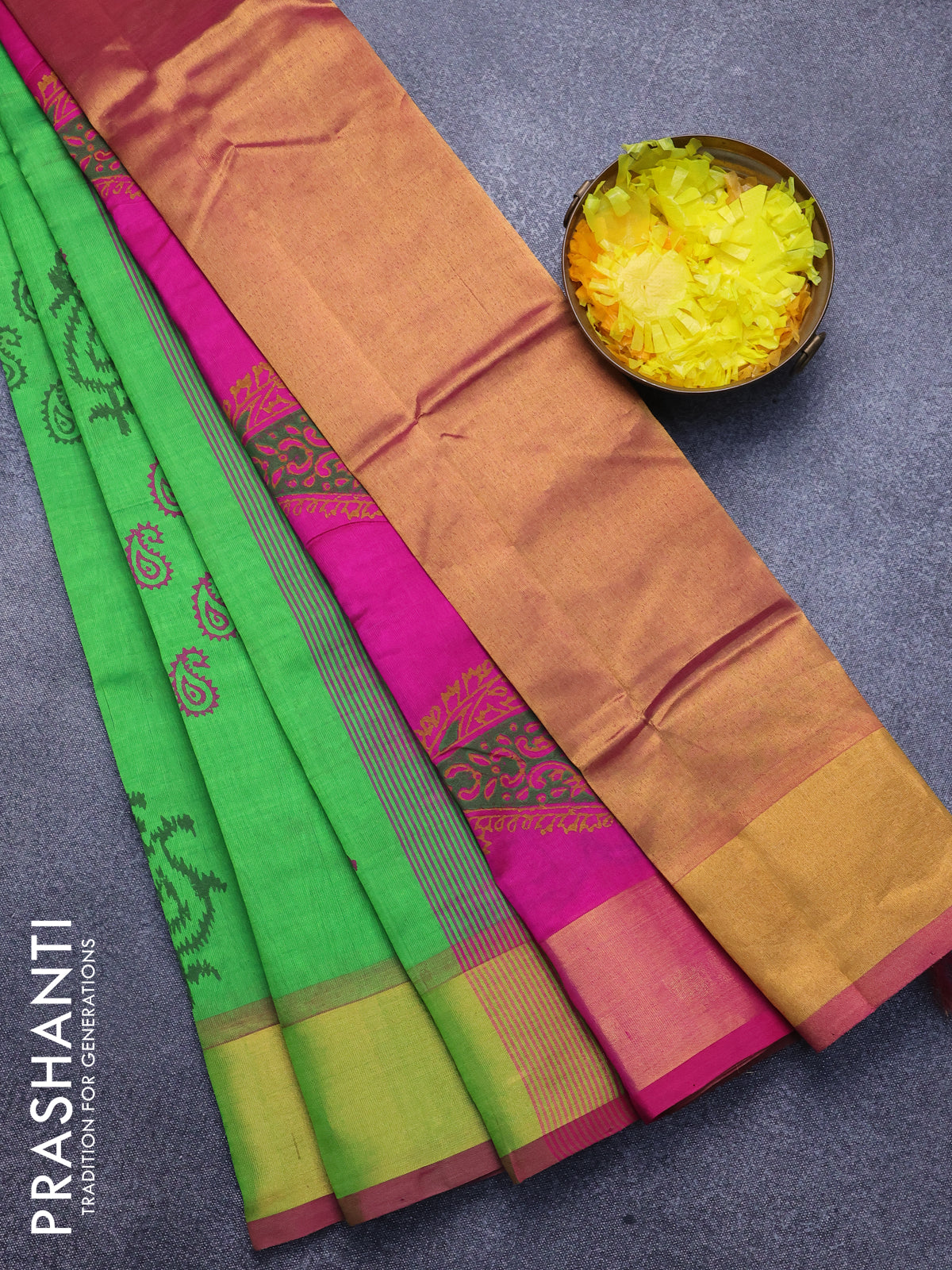 Silk cotton block printed saree parrot green and pink with paisley butta prints and zari woven border