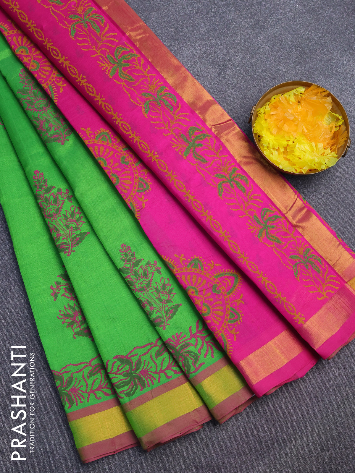 Silk cotton block printed saree light green and pink with butta prints and zari woven border