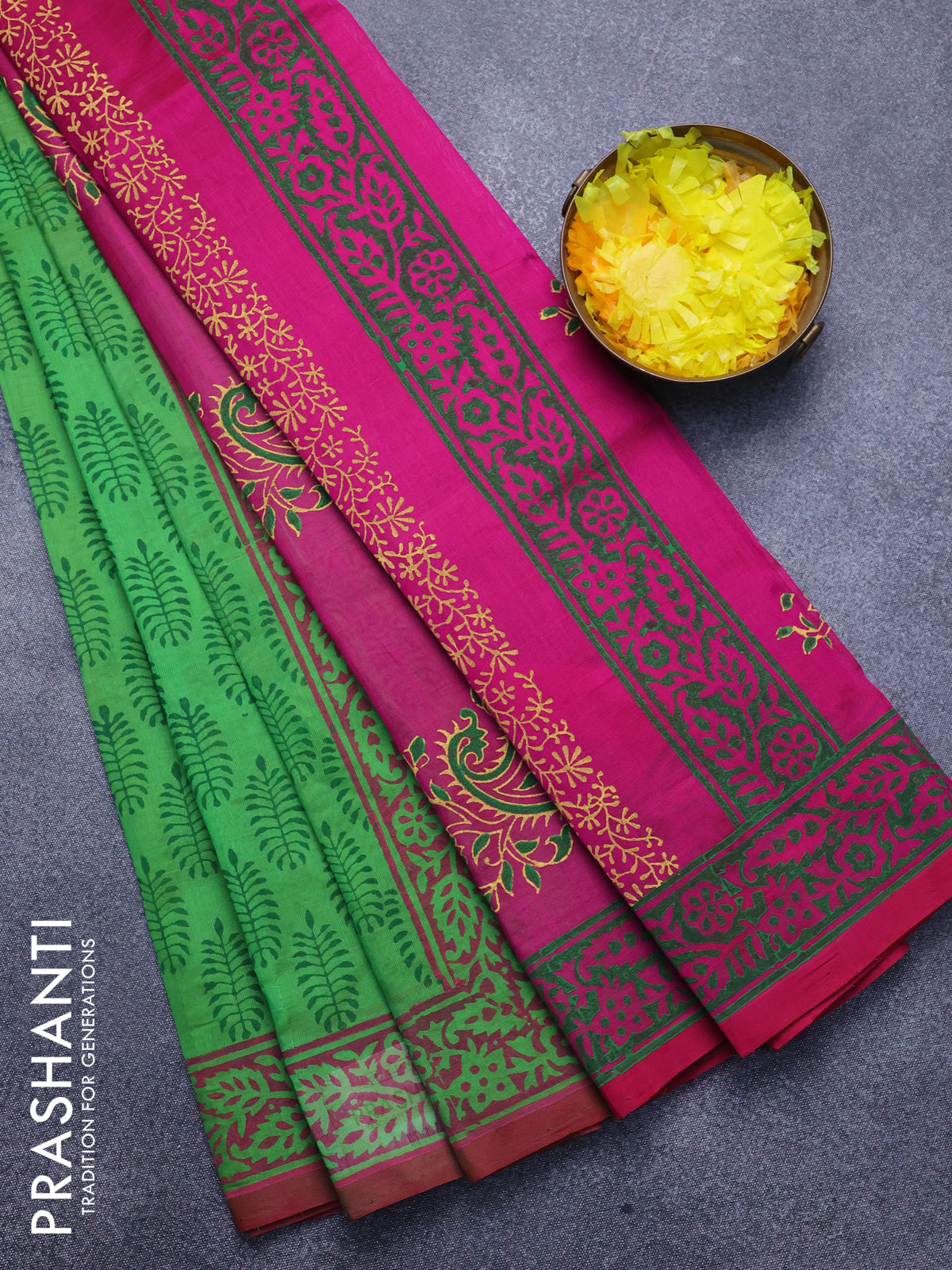 Silk cotton block printed saree green and pink with allover butta prints and printed border