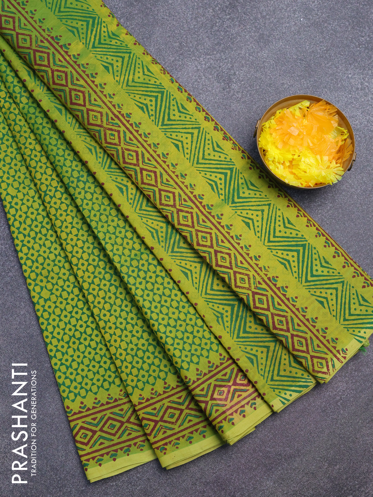 Silk cotton block printed saree light green with allover prints and printed border