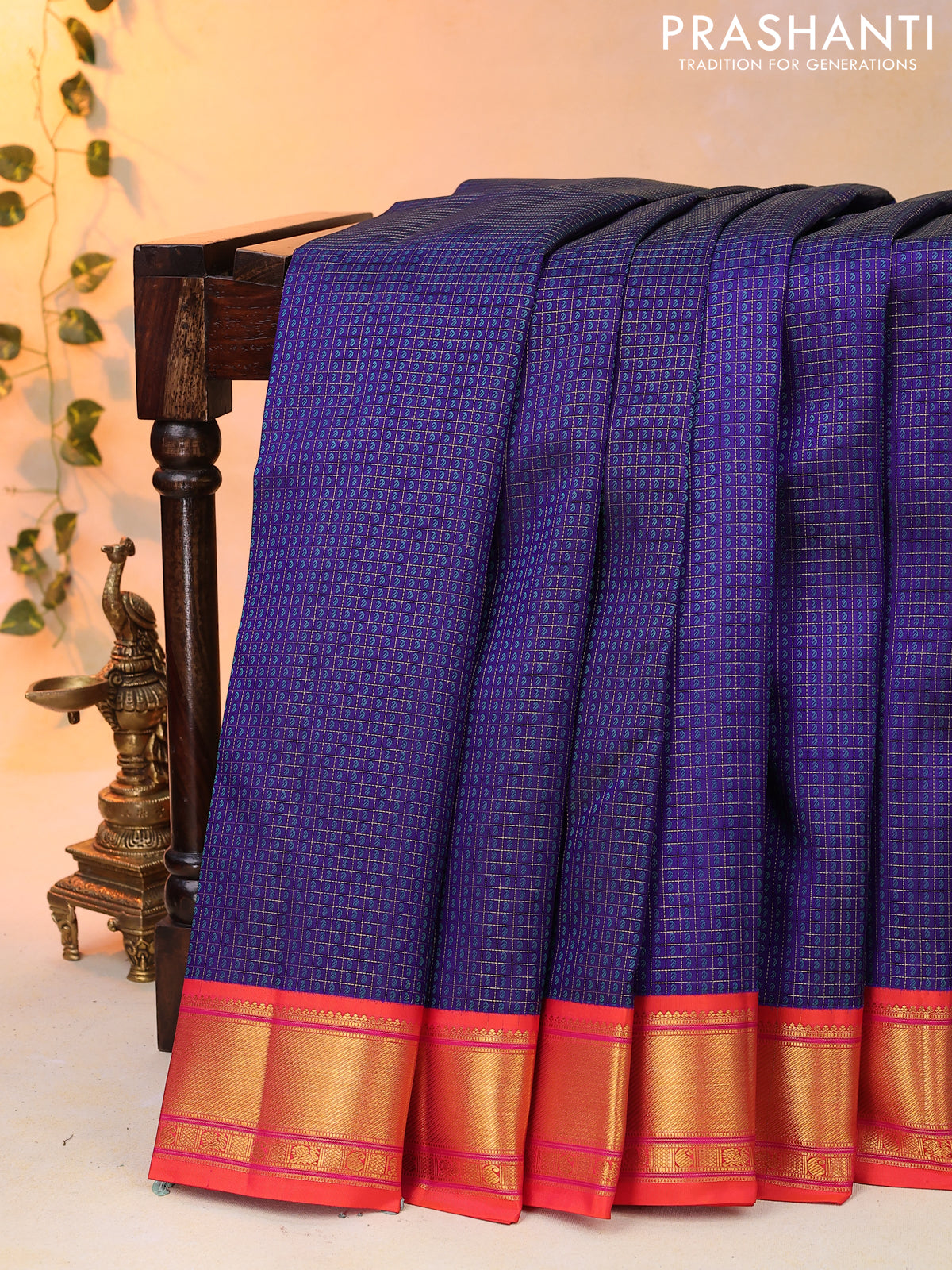 Pure kanjivaram silk saree blue and orange with allover zari checks & self emboss and zari woven border