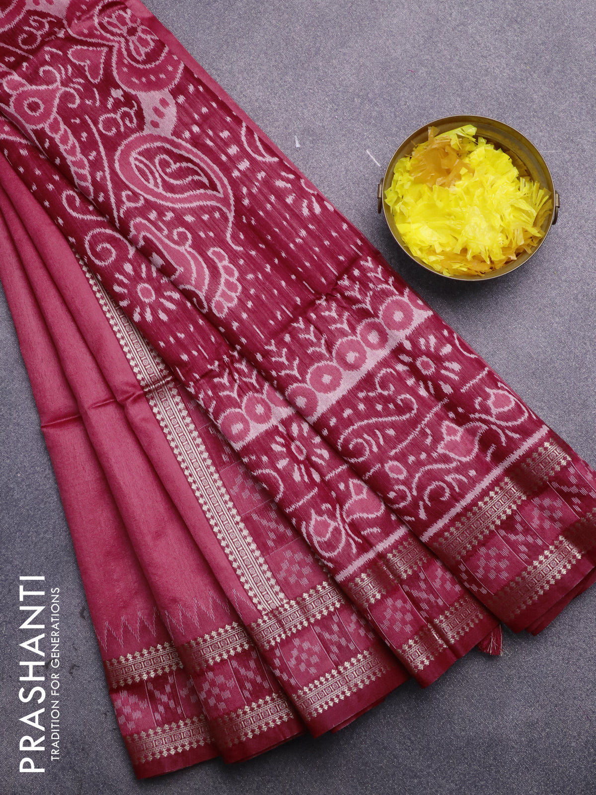 Semi dupion saree pink and maroon with thread woven buttas and thread & zari woven border