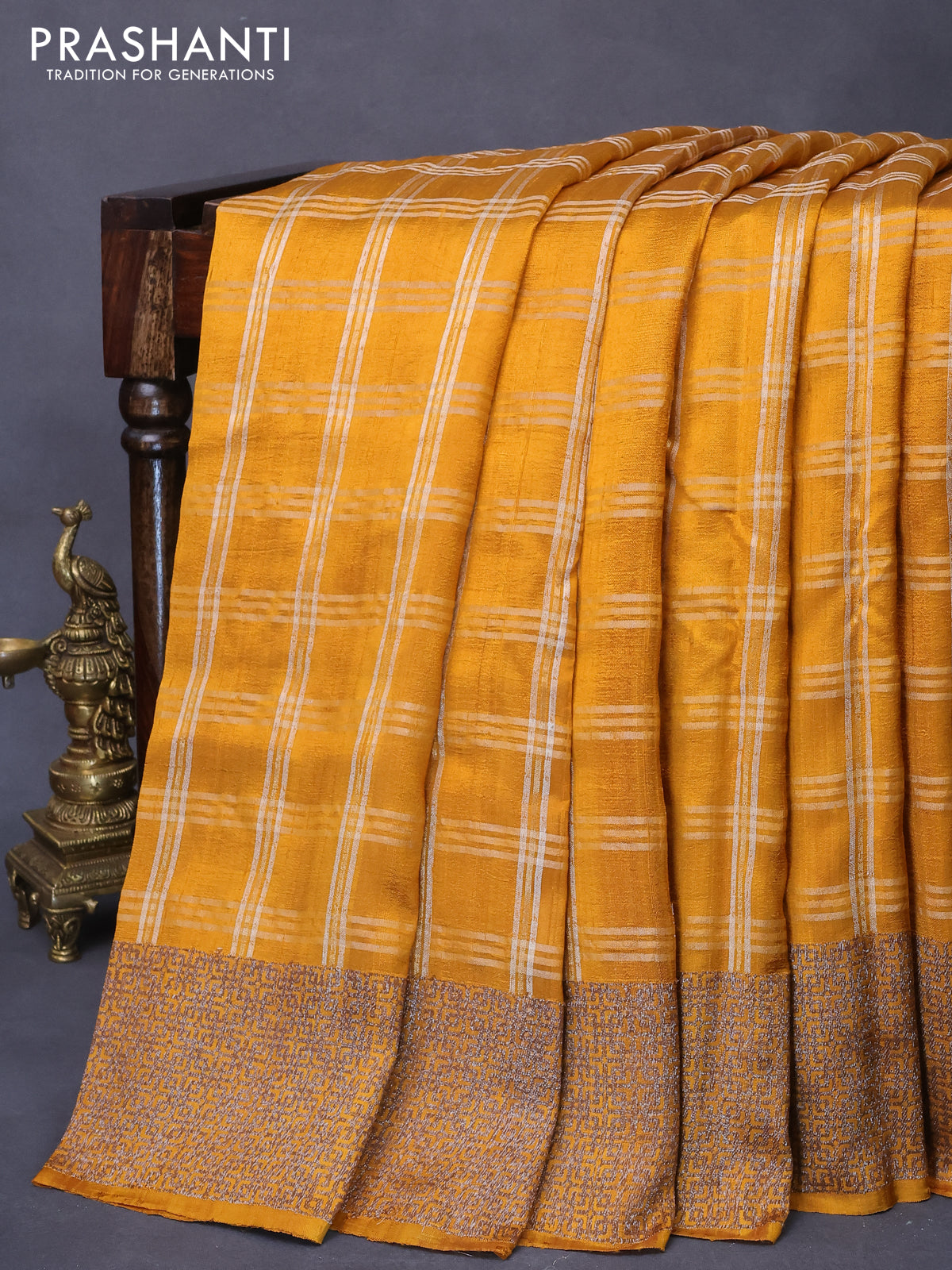 Banarasi raw silk saree mustard yellow with allover zari checked pattern and woven border