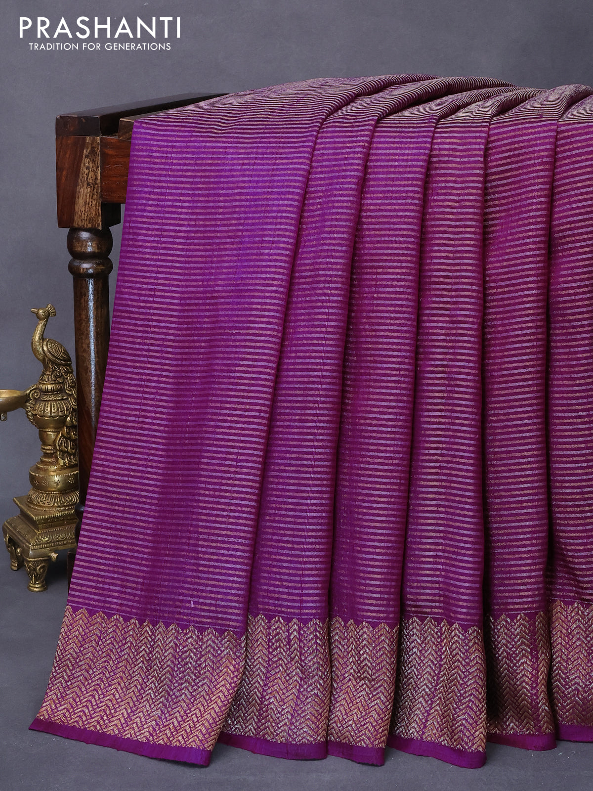 Banarasi raw silk saree dark purple with allover zari stripe pattern and woven border