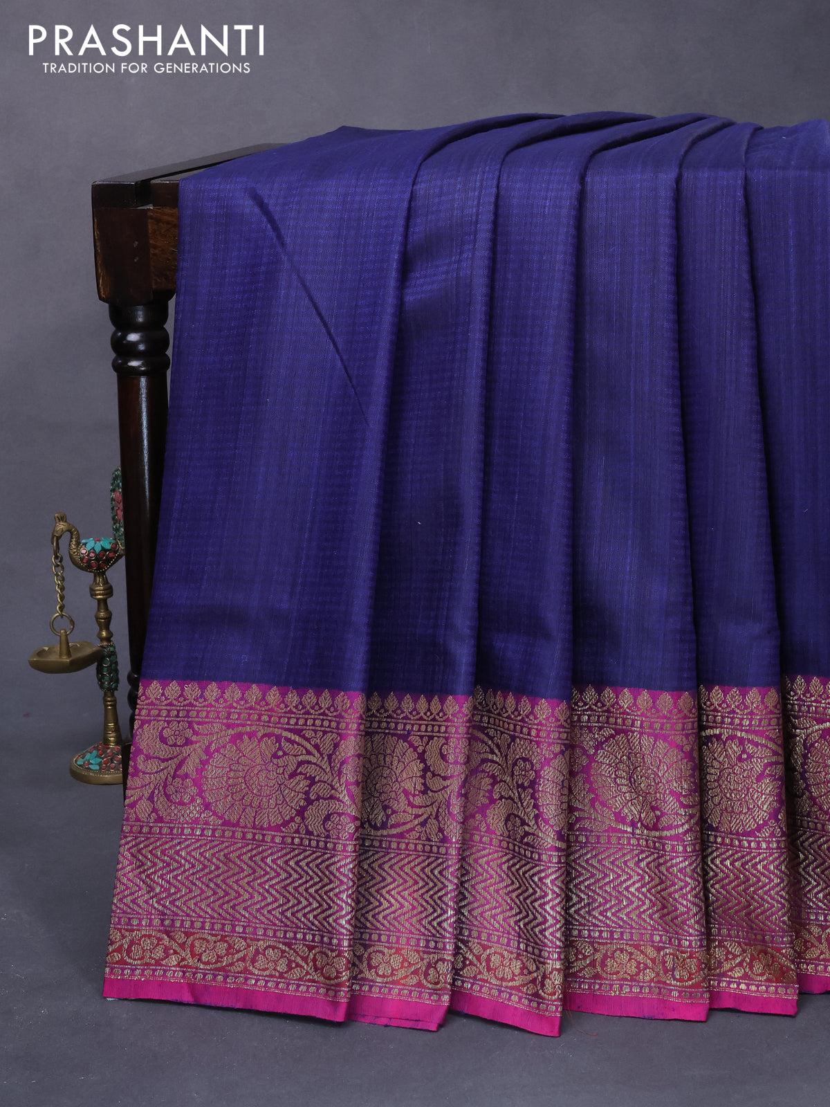 Banarasi handloom dupion silk saree navy blue and purple with plain body and floral design woven border