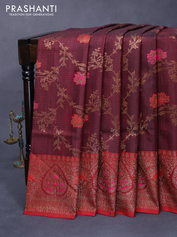 Banarasi handloom dupion silk saree deep maroon and red with allover thread & zari woven floral weaves and floral design woven border