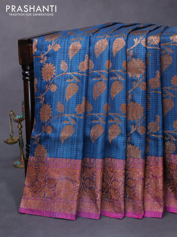 Banarasi handloom dupion silk saree peacock blue and dual shade of purple with allover thread & zari woven floral weaves and floral design woven border