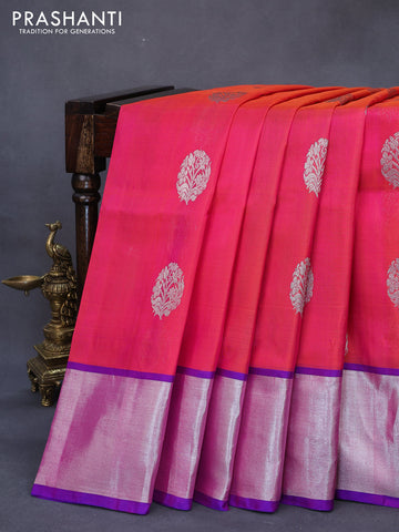 Venkatagiri silk saree dual shade of pinkish orange and blue with silver zari woven floral buttas and silver zari woven border