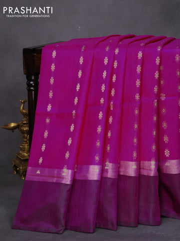 Pure uppada silk saree magenta pink and green with allover thread & silver zari woven floral buttas and silver zari woven simple border