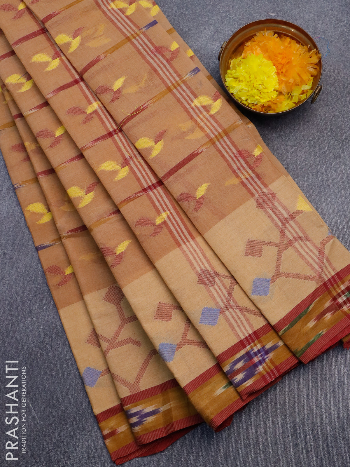 Bengal cotton saree sandal and maroon with thread woven buttas and ikat style border without blouse