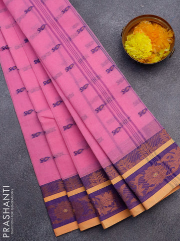 Bengal cotton saree pink and blue with thread & zari woven buttas and copper zari woven border without blouse