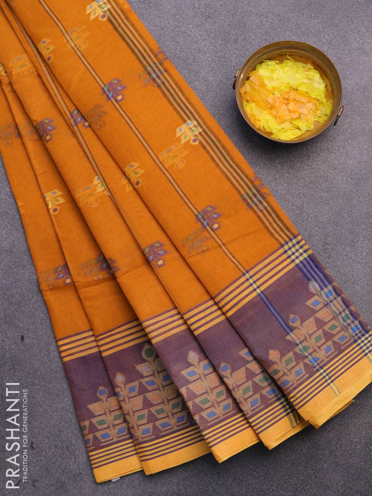 Bengal cotton saree mustard yellow and blue with allover thread weaves and thread woven border without blouse