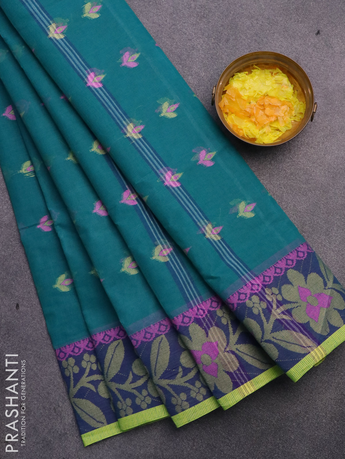 Bengal cotton saree teal green and blue with thread woven buttas and thread woven border without blouse