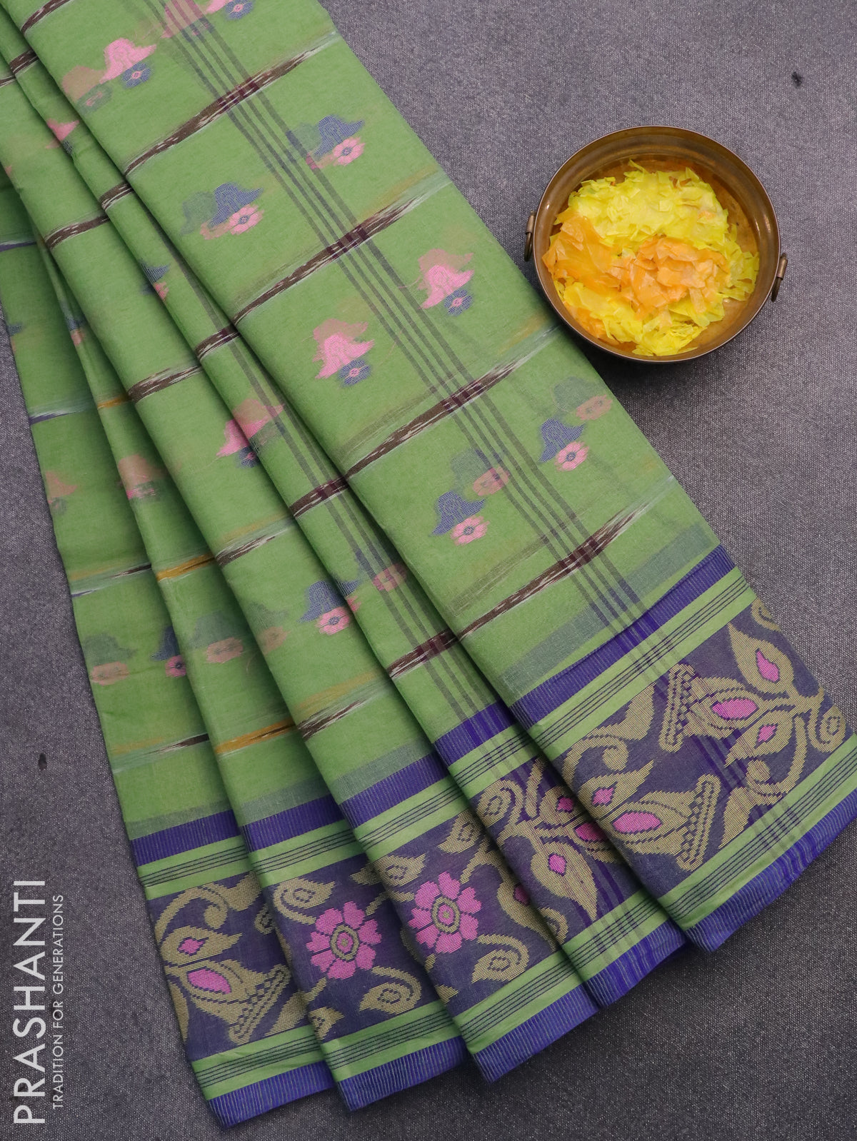 Bengal cotton saree green shade and blue with thread woven buttas and thread woven border without blouse