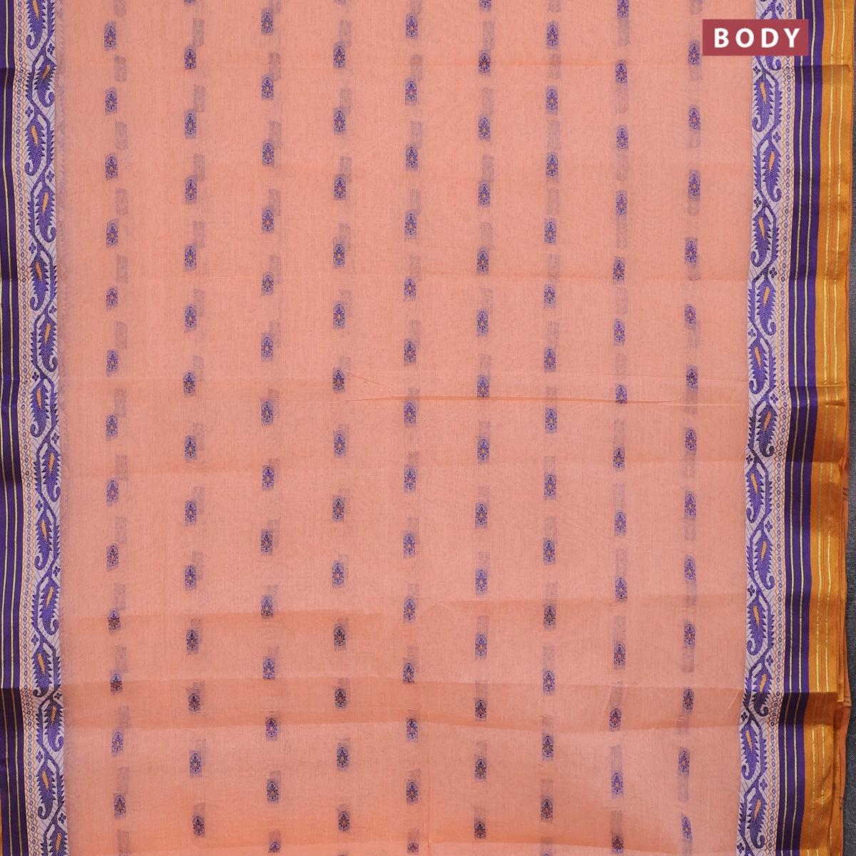 Bengal cotton saree peach orange and mustard shade with thread woven buttas and thread woven border without blouse