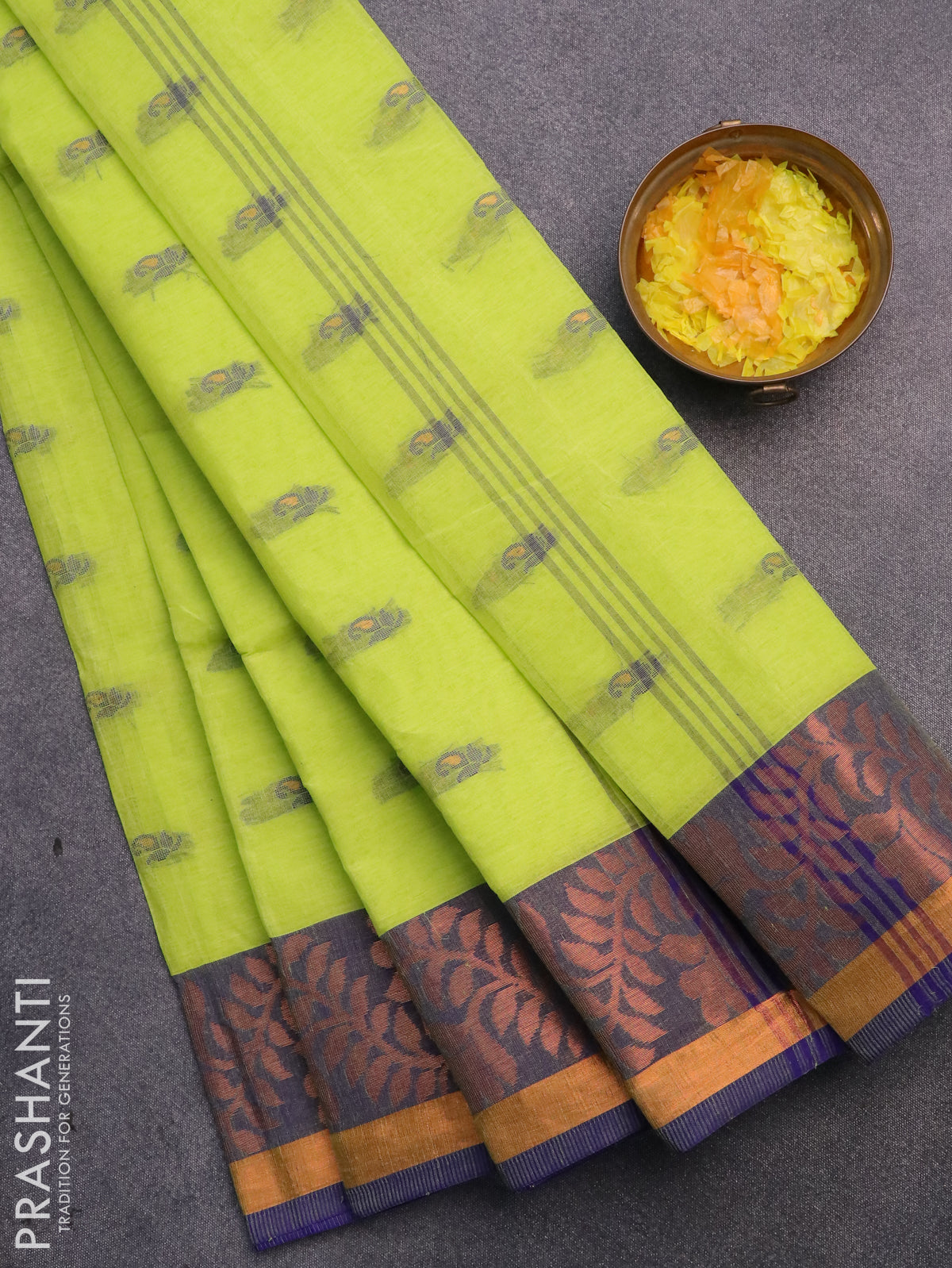 Bengal cotton saree fluorescent green and blue with thread woven buttas and copper zari woven border without blouse