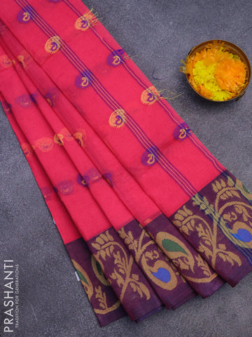 Bengal cotton saree pink and blue with thread woven buttas and long thread woven border without blouse