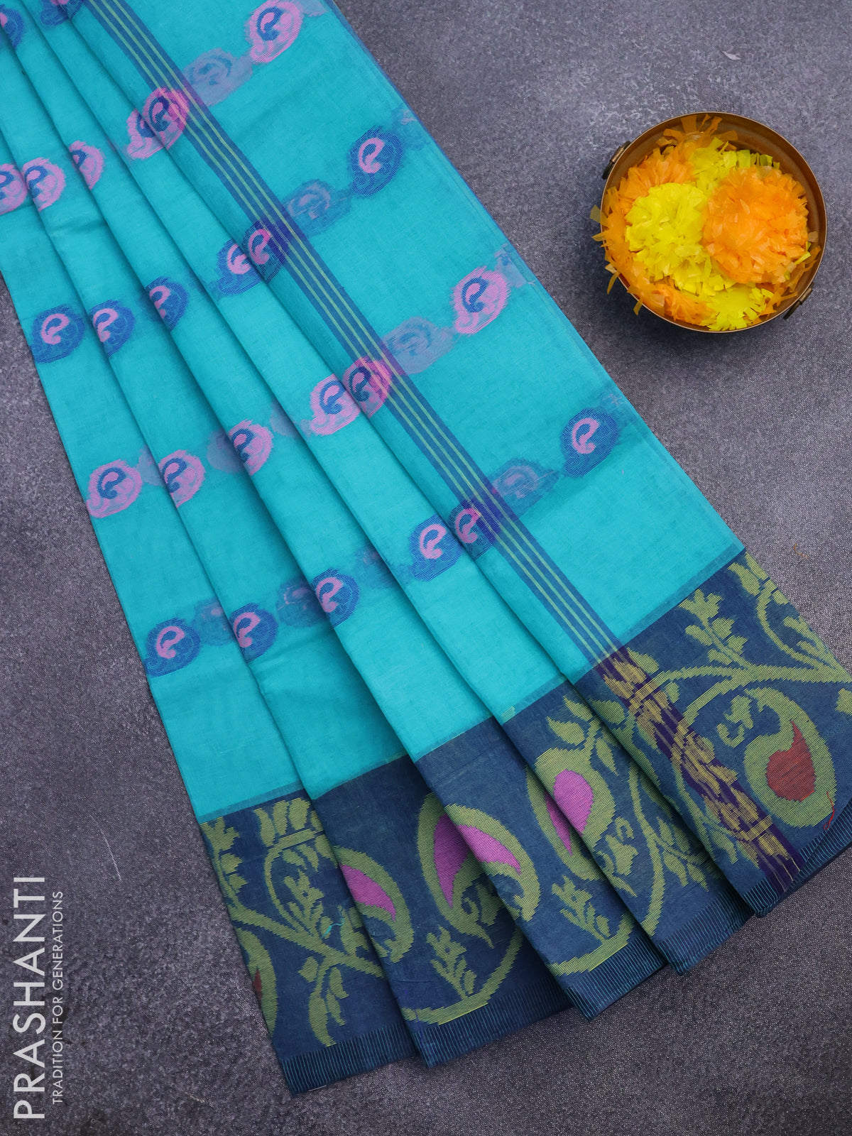 Bengal cotton saree teal blue and blue with thread woven buttas and long thread woven border without blouse