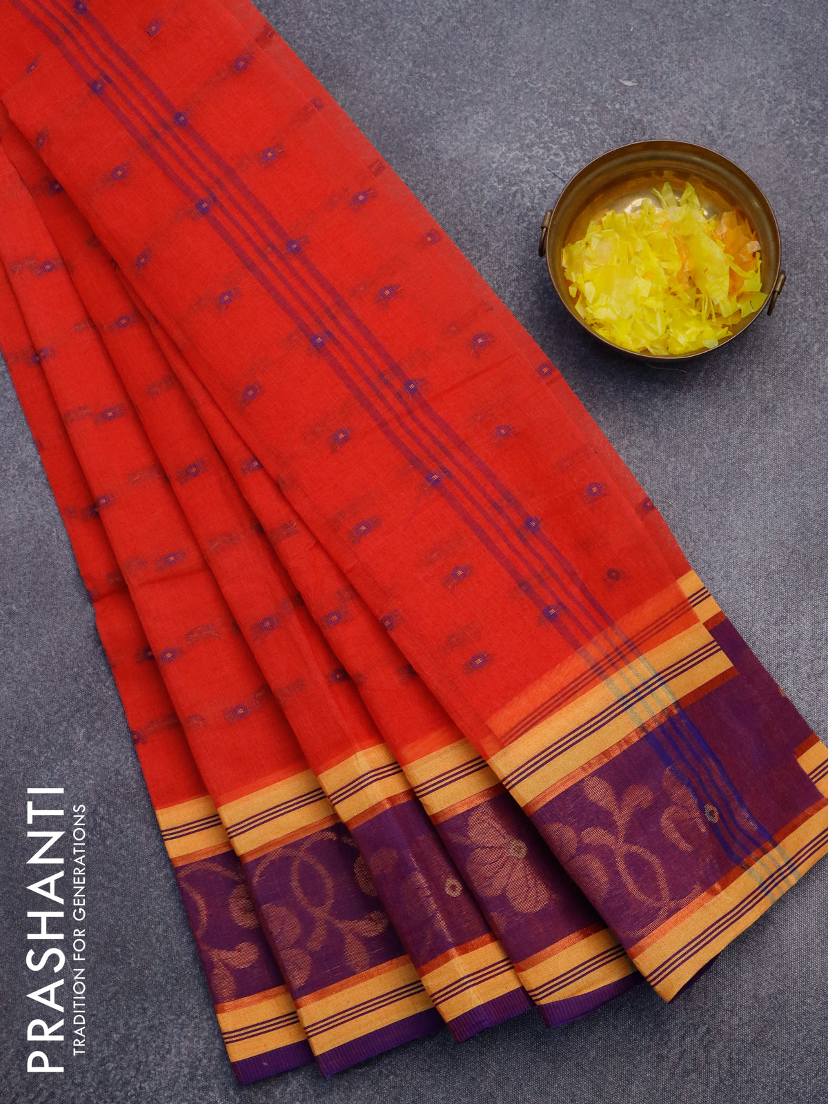 Bengal cotton saree reddish pink and blue with thread woven buttas and copper zari woven border without blouse