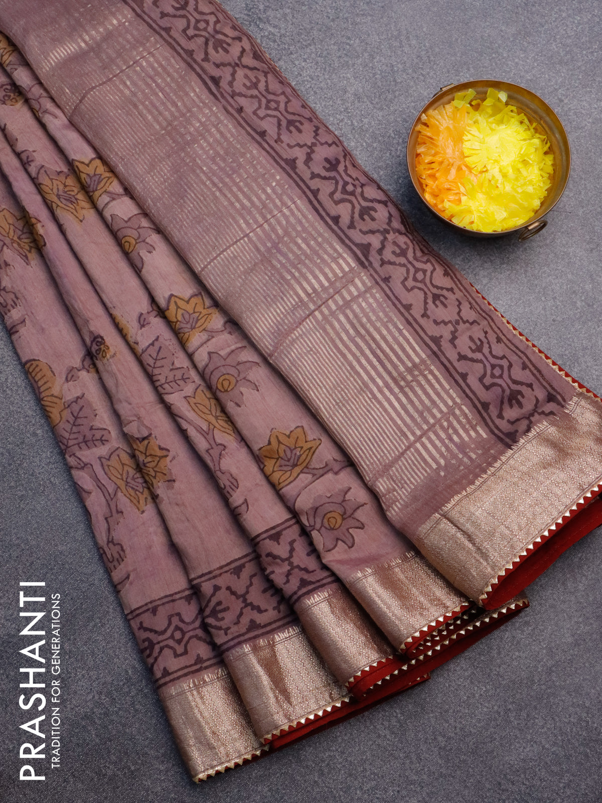 Chanderi silk cotton saree grey shade and maroon with natural vegetable prints and zari woven gotapatti lace border