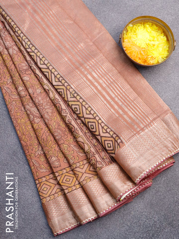 Chanderi silk cotton saree rust shade and mauve pink with natural vegetable prints and zari woven gotapatti lace border