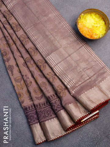 Chanderi silk cotton saree grey and maroon with natural vegetable prints and zari woven gotapatti lace border