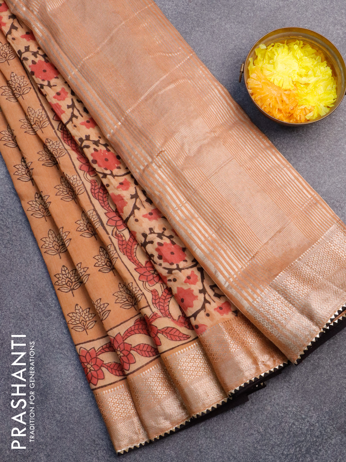 Chanderi silk cotton saree pastel peavh shade and black with natural vegetable butta prints and zari woven gotapatti lace border