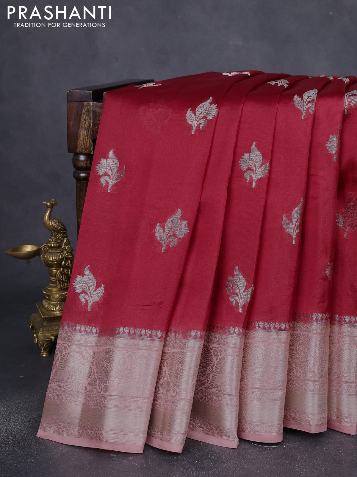 Banarasi poona silk saree red and peach shade with zari woven floral buttas and long zari woven border