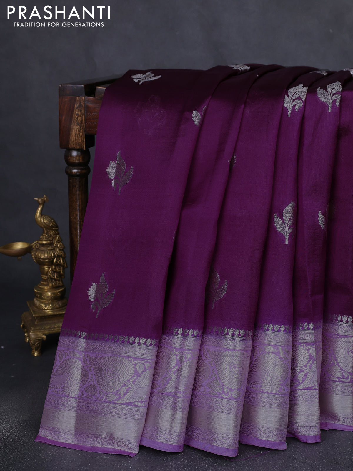 Banarasi poona silk saree wine shade and lavender with zari woven floral buttas and long zari woven border