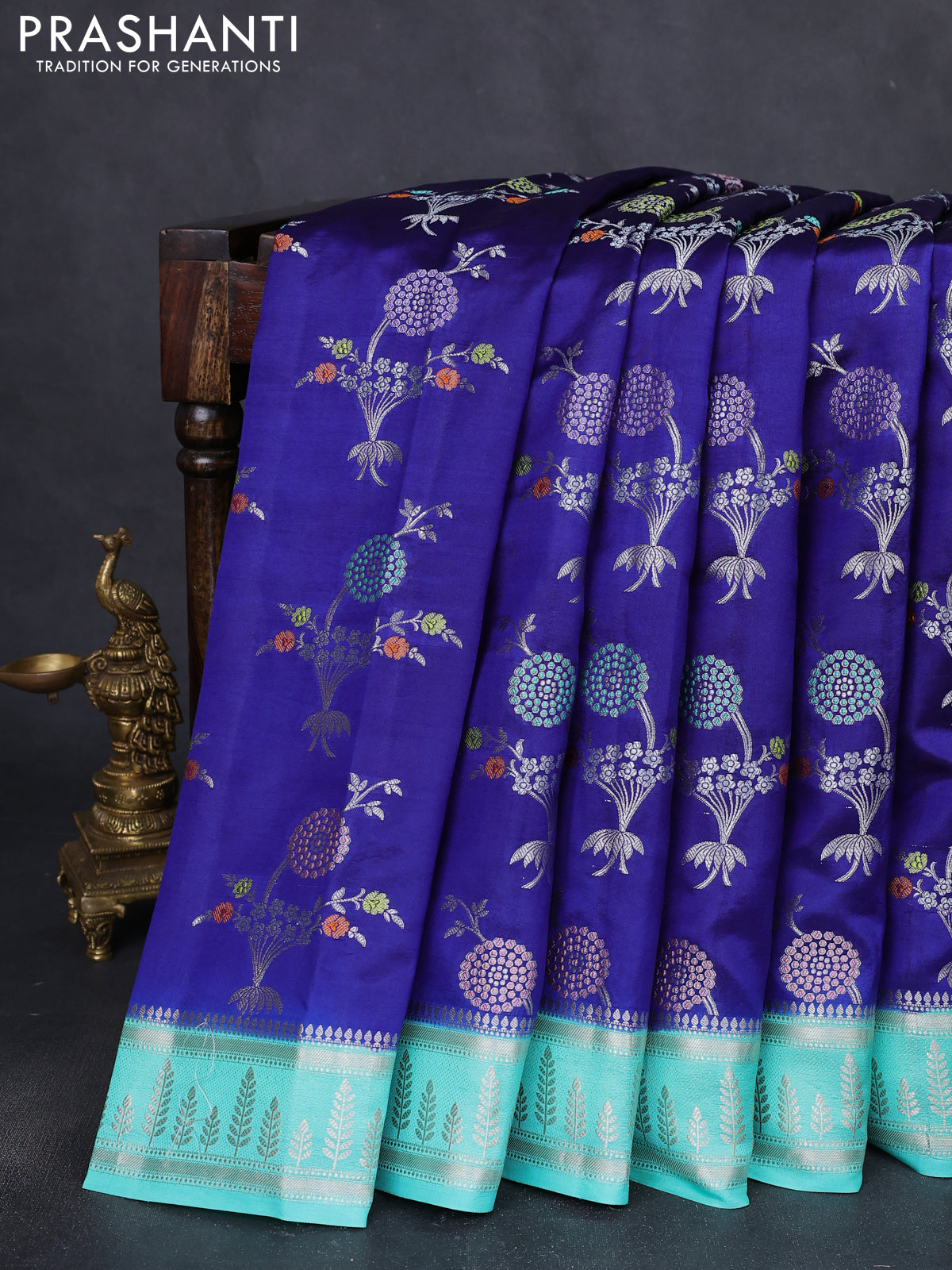 Banarasi poona silk saree blue and teal green with thread & zari woven buttas and zari woven border