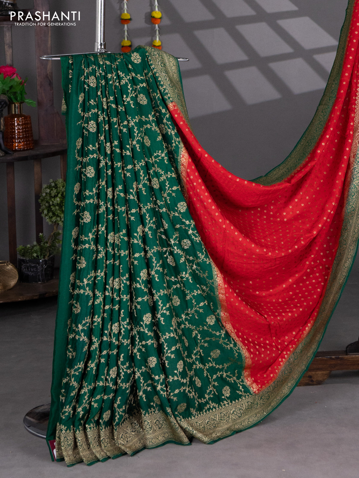 Banarasi crepe partly saree red and green with woven buttas and woven border