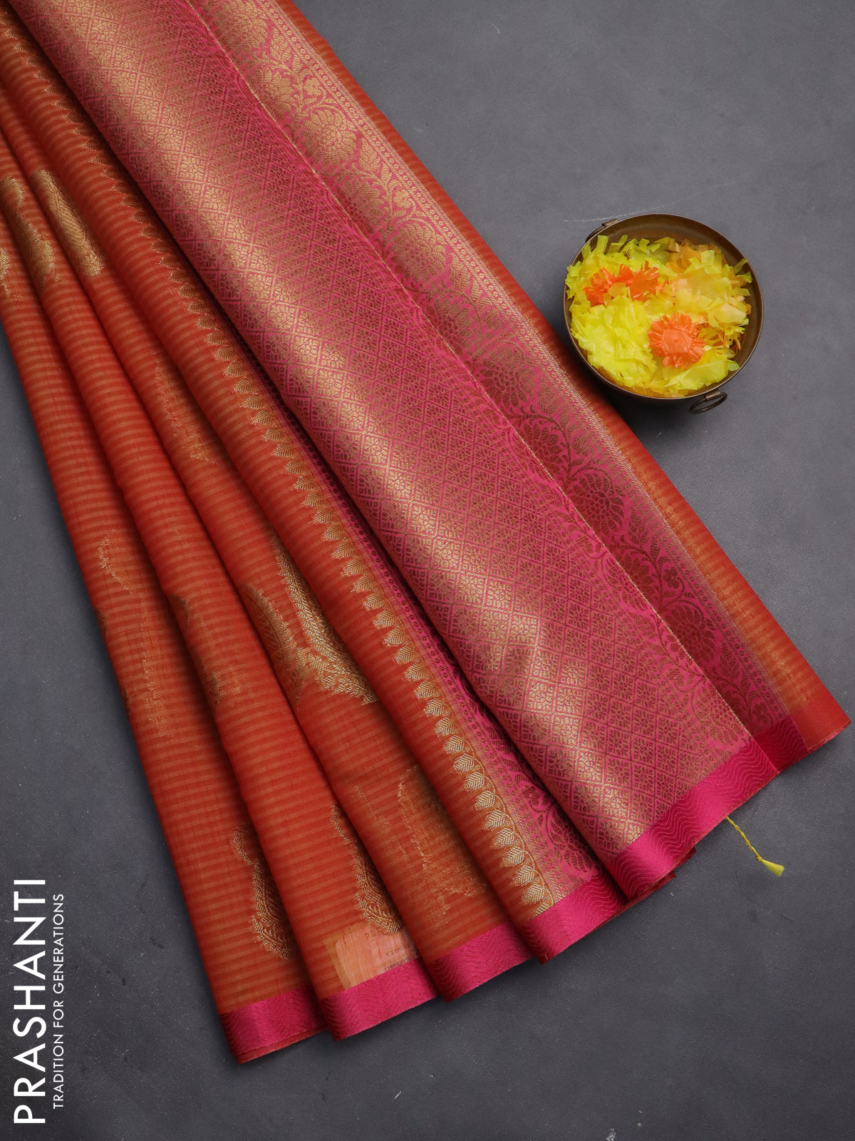 Banarasi semi dupion silk saree dual shade of orange and pink with zari woven paisley buttas and thread woven border