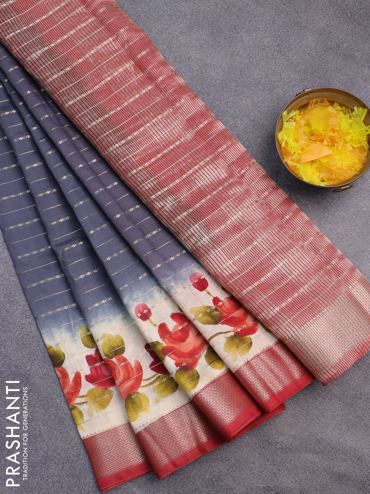 Assam semi silk saree grey and maroon with allover zari weaves and floral printed zari woven border