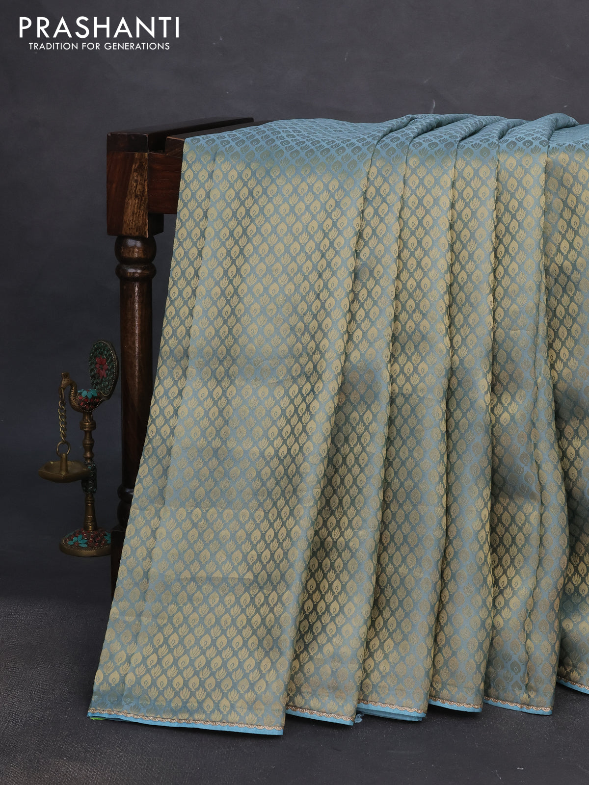 Banarasi semi crepe saree pastel blue with allover zari woven brocade weaves and lace work border