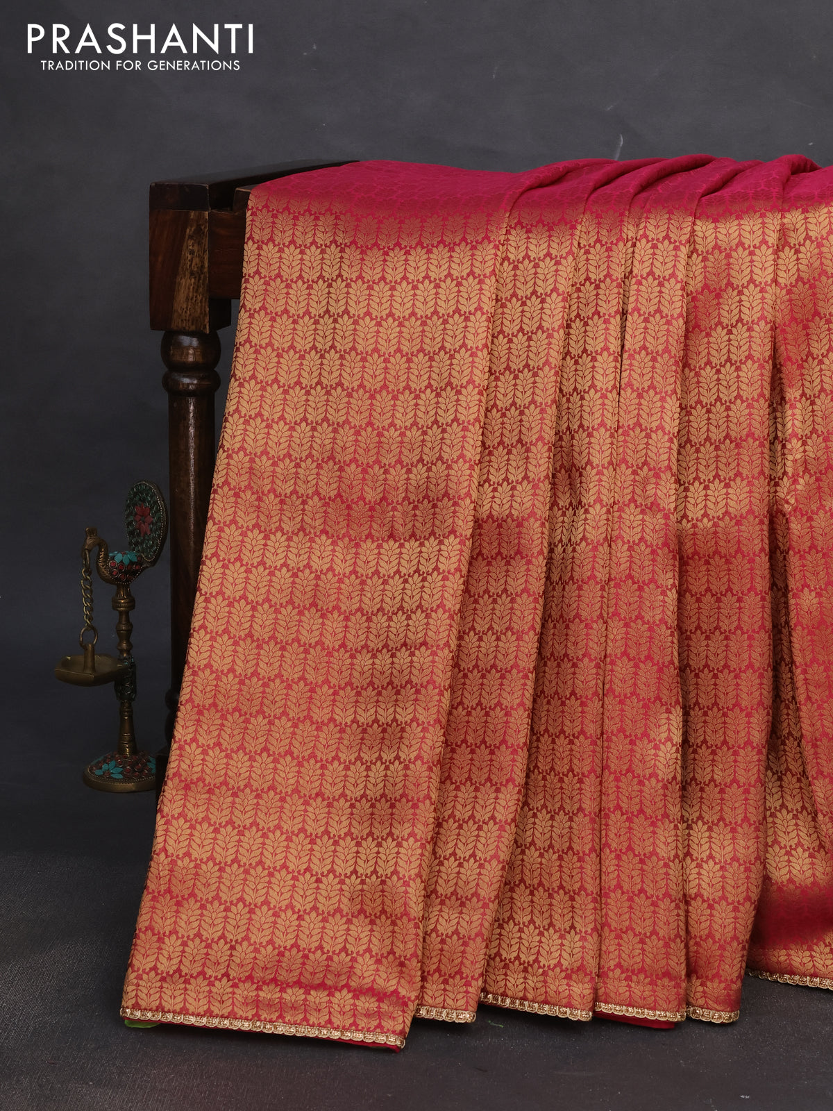 Banarasi semi crepe saree pink with allover zari woven brocade weaves and lace work border