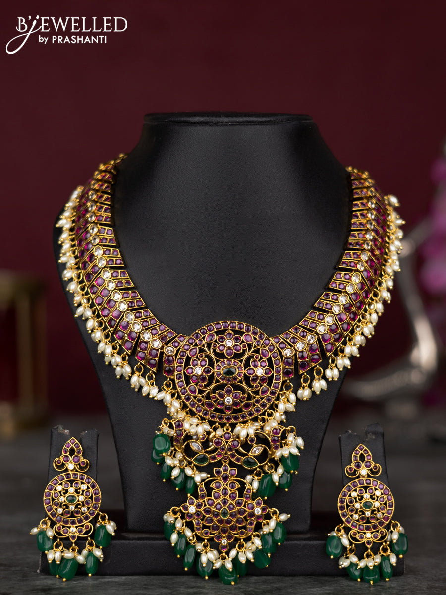 Antique guttapusalu necklace floral design with kemp & cz stones and pearl & green beads hangings