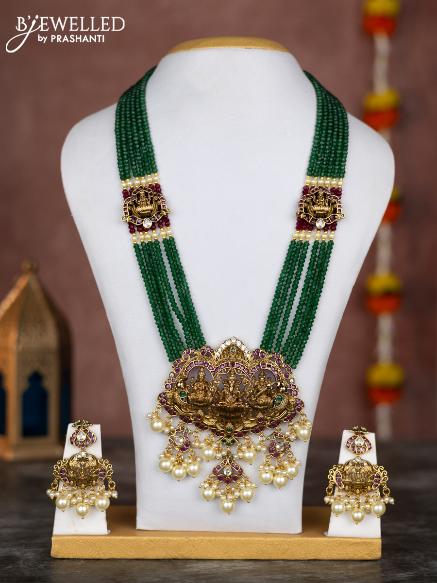 Beaded multilayer green necklace sidhi pudhi ganesha pendant with kemp & cz stones and pearl hangings in victorian finish