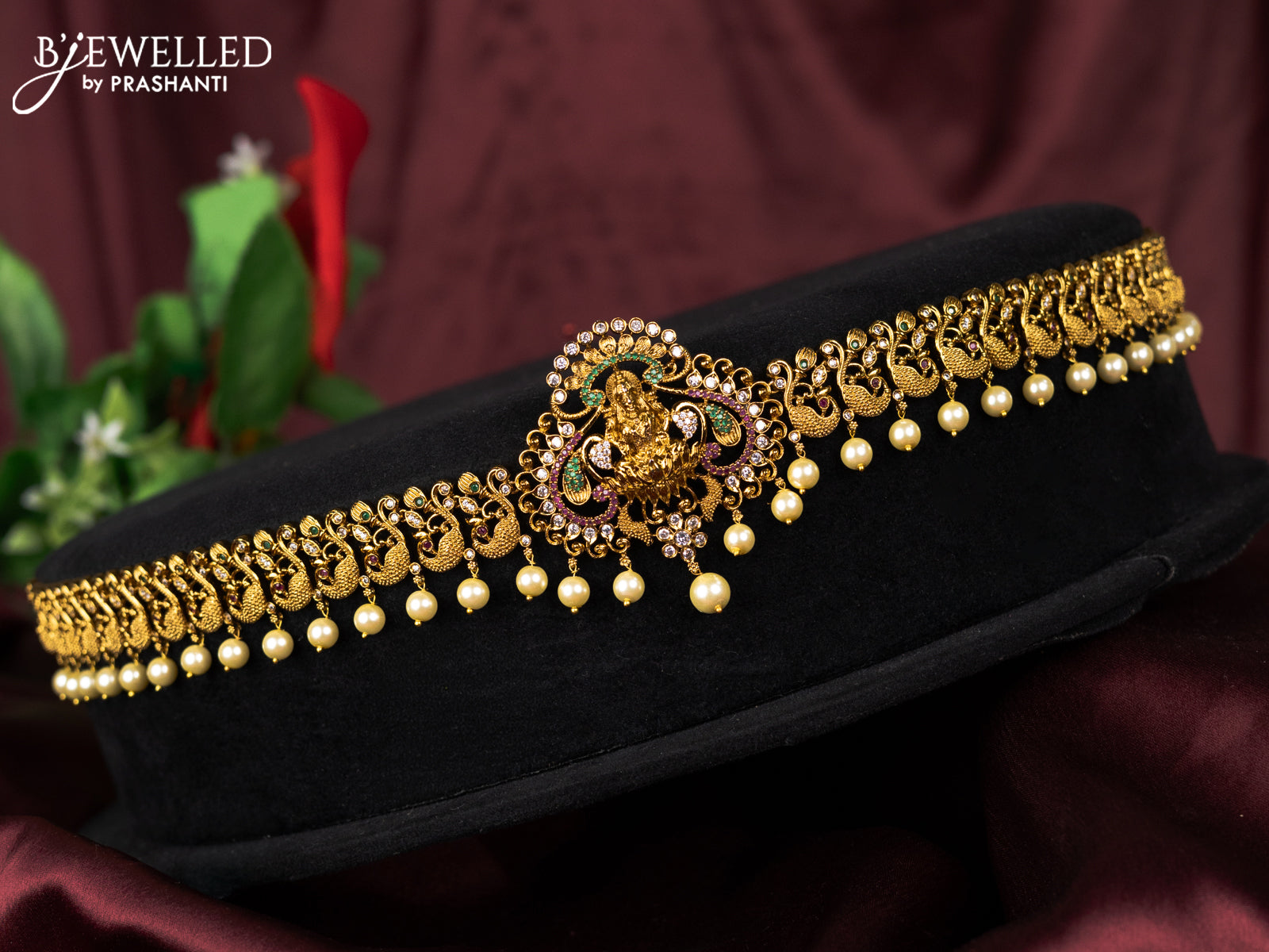 Antique hip chain lakshmi & peacock design with kemp & cz stones and pearl hangings