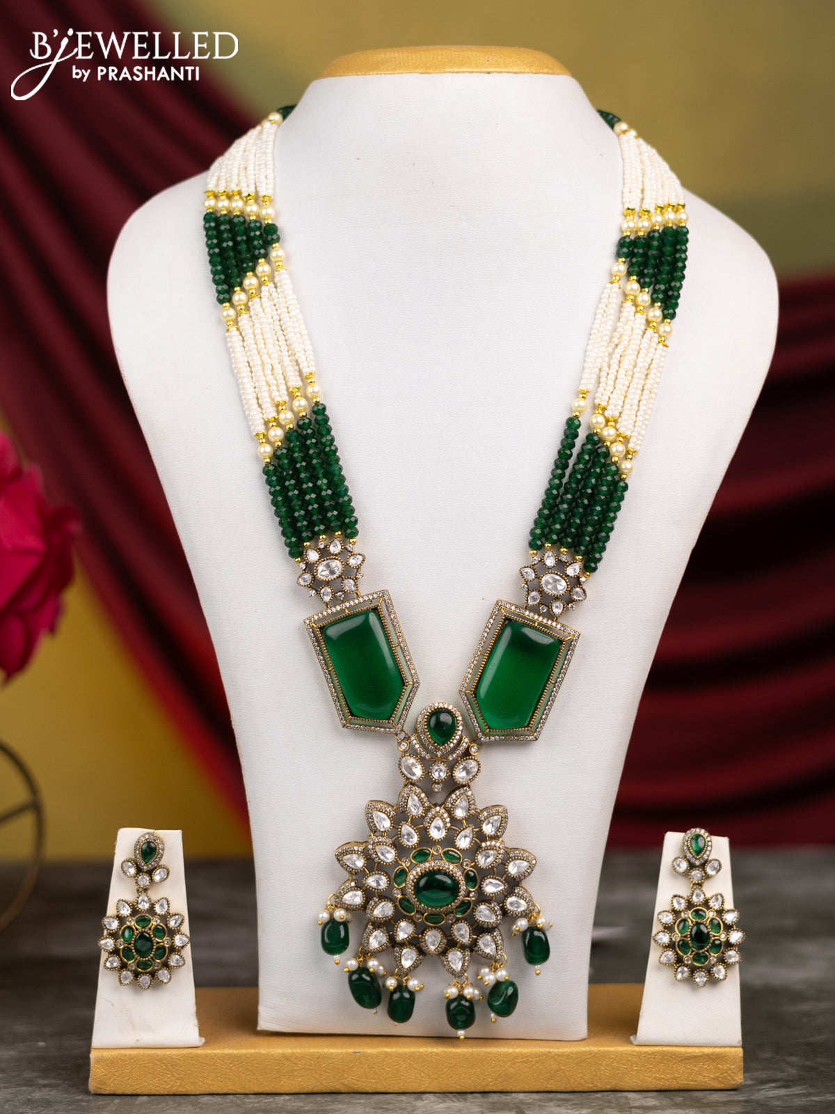 Beaded green necklace with emerald & kundan stones and pearl & green beads hangings in victorian finish