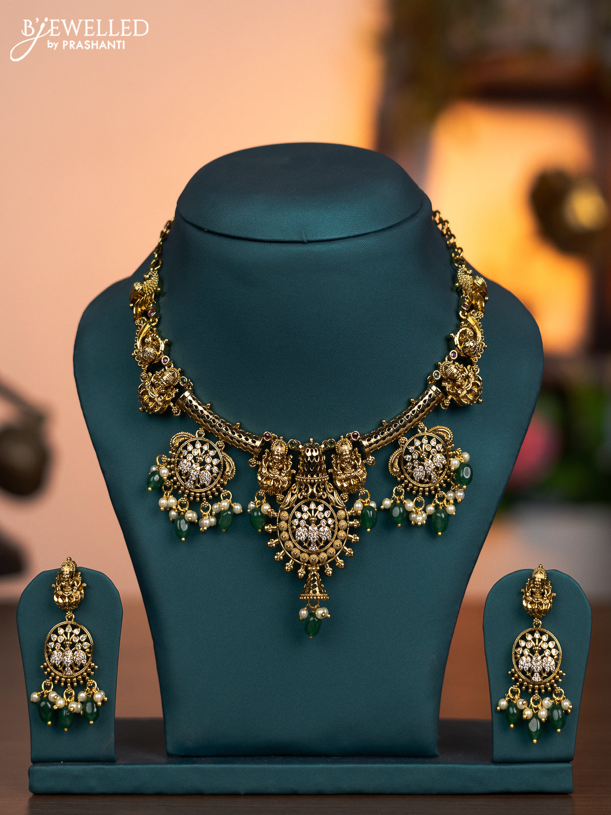 Antique necklace lakshmi design with kemp & cz stones and pearl & green beads hanging
