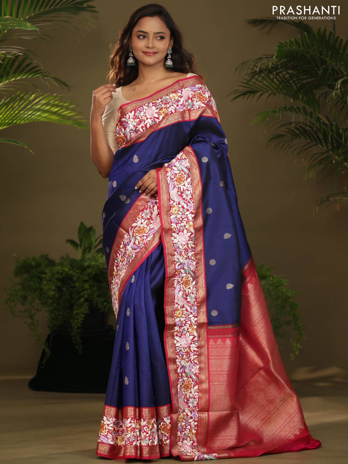 Blue & Pink Kanchipuram Silk saree Parsi Work Embroidery border