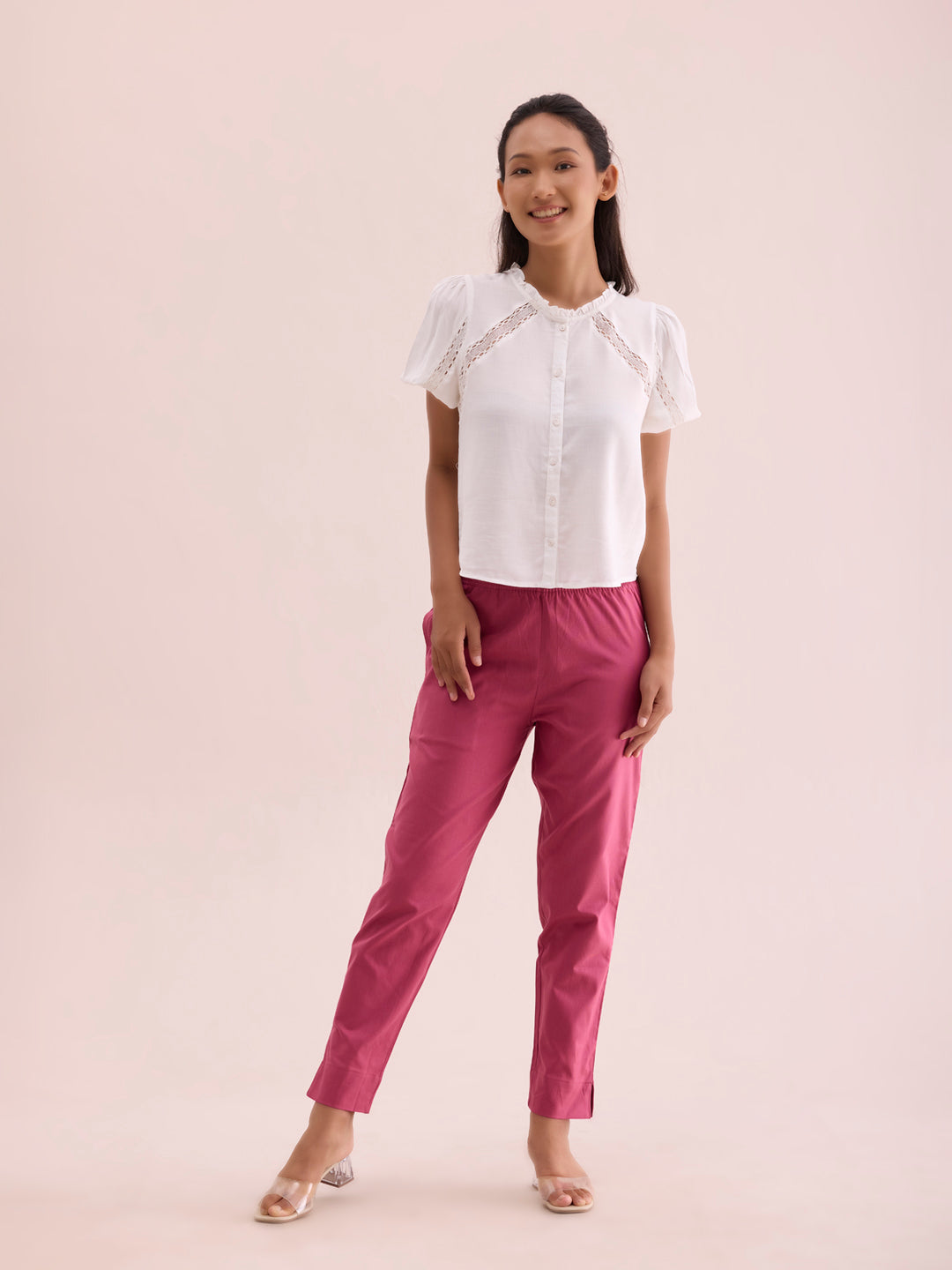 Women Solid Dark Pink Cotton Pencil Pant