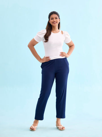 Women Solid Navy Mid Rise Casual Rib Pants