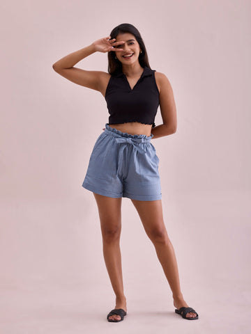 Women Solid Dusty Blue High Rise Linen Shorts