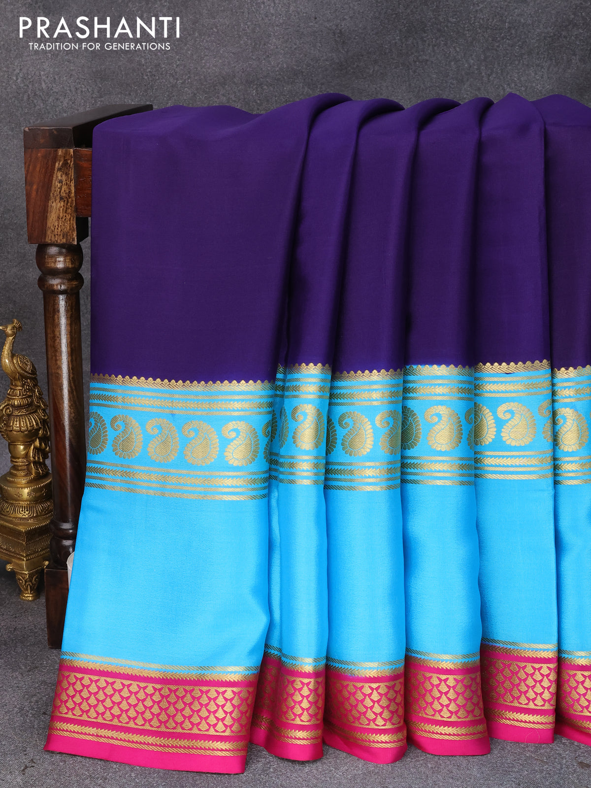 Pure mysore silk saree blue and light blue pink with plain body and long rettapet zari woven border