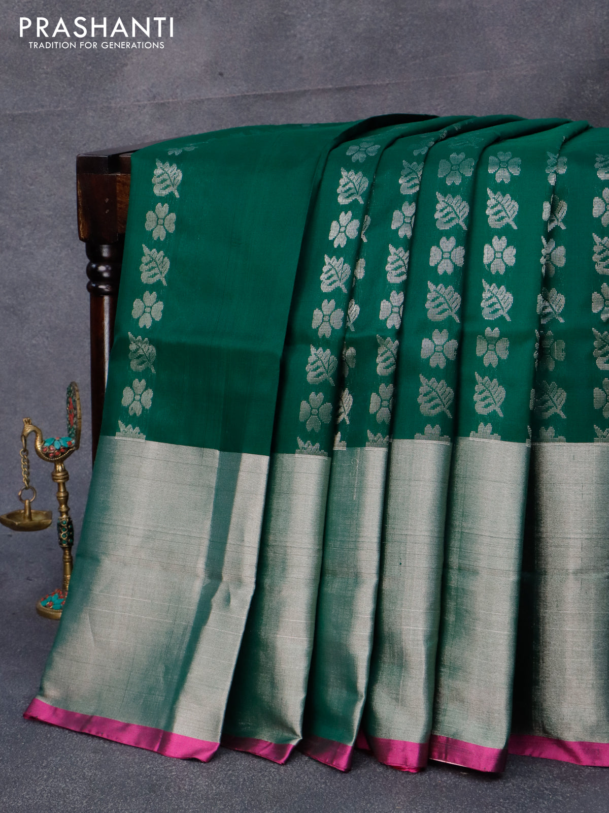 Pure uppada silk saree green and pink with allover silver zari woven butta weaves and long silver zari woven border