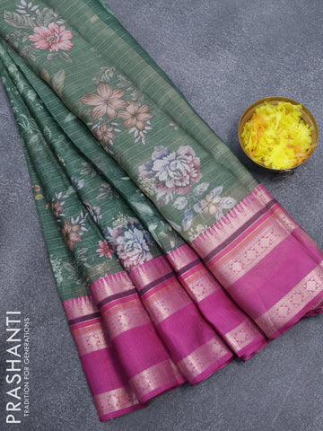 Banarasi kota saree sap green and purple with allover digital prints & zari stripes pattern and temple design rettapet zari woven border